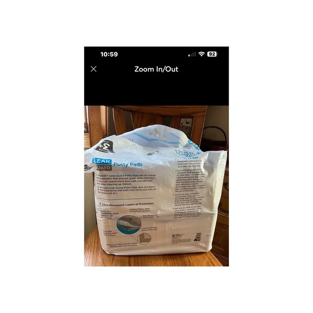 So phresh Potty Pads, holds 3 cups, 5 layer protection, 90+ pads in bag.